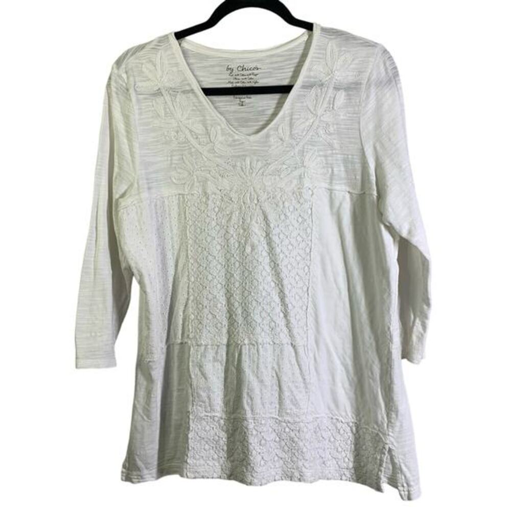 CHICO'S White Cotton Floral Embroidered V-Neck 3/4 Sleeve Top Size‎ Medium